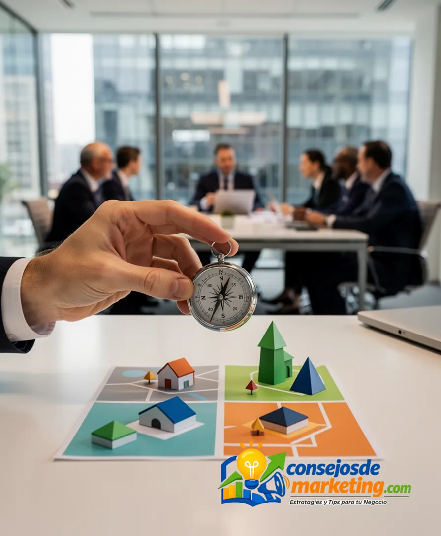 A person holding a compass over a stylized map with four distinct landmarks.