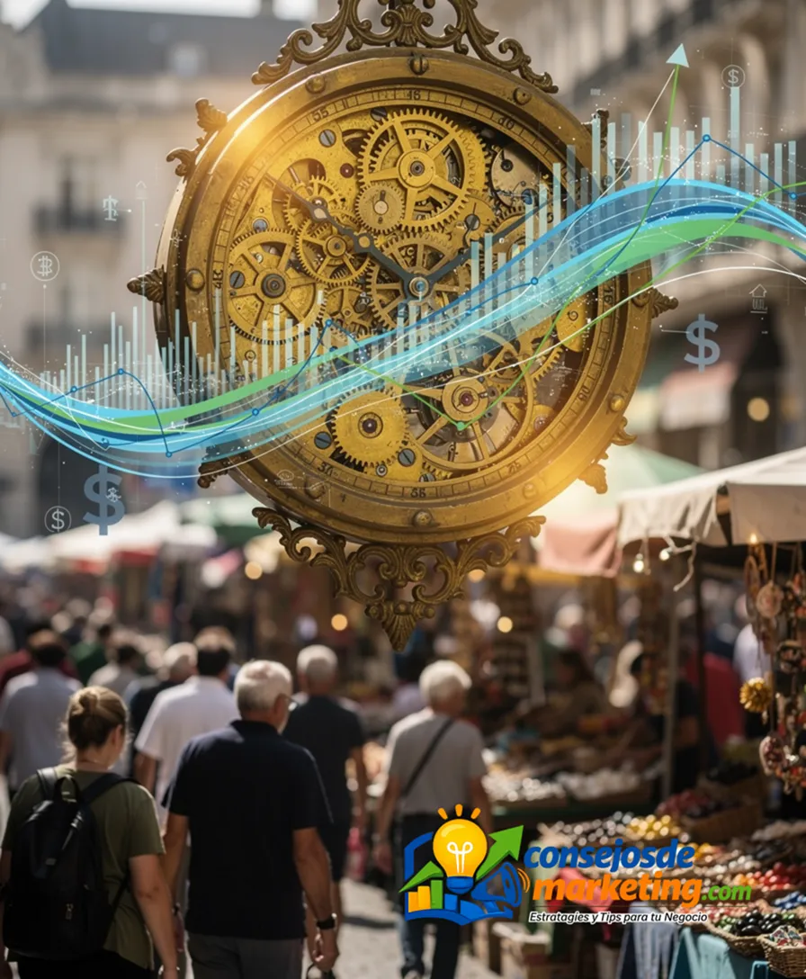 An ornate clock mechanism overlaid on a bustling marketplace crowd.