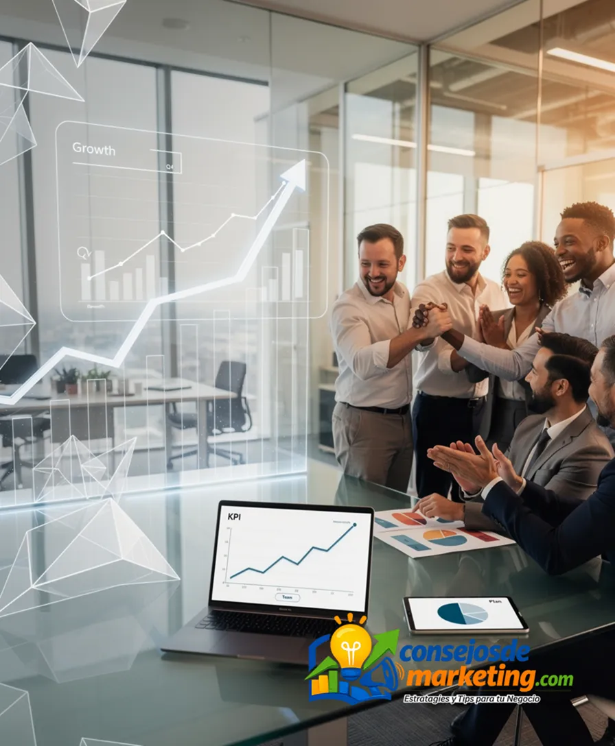 abstract shapes transforming into a cohesive team celebrating beside a growing graph.