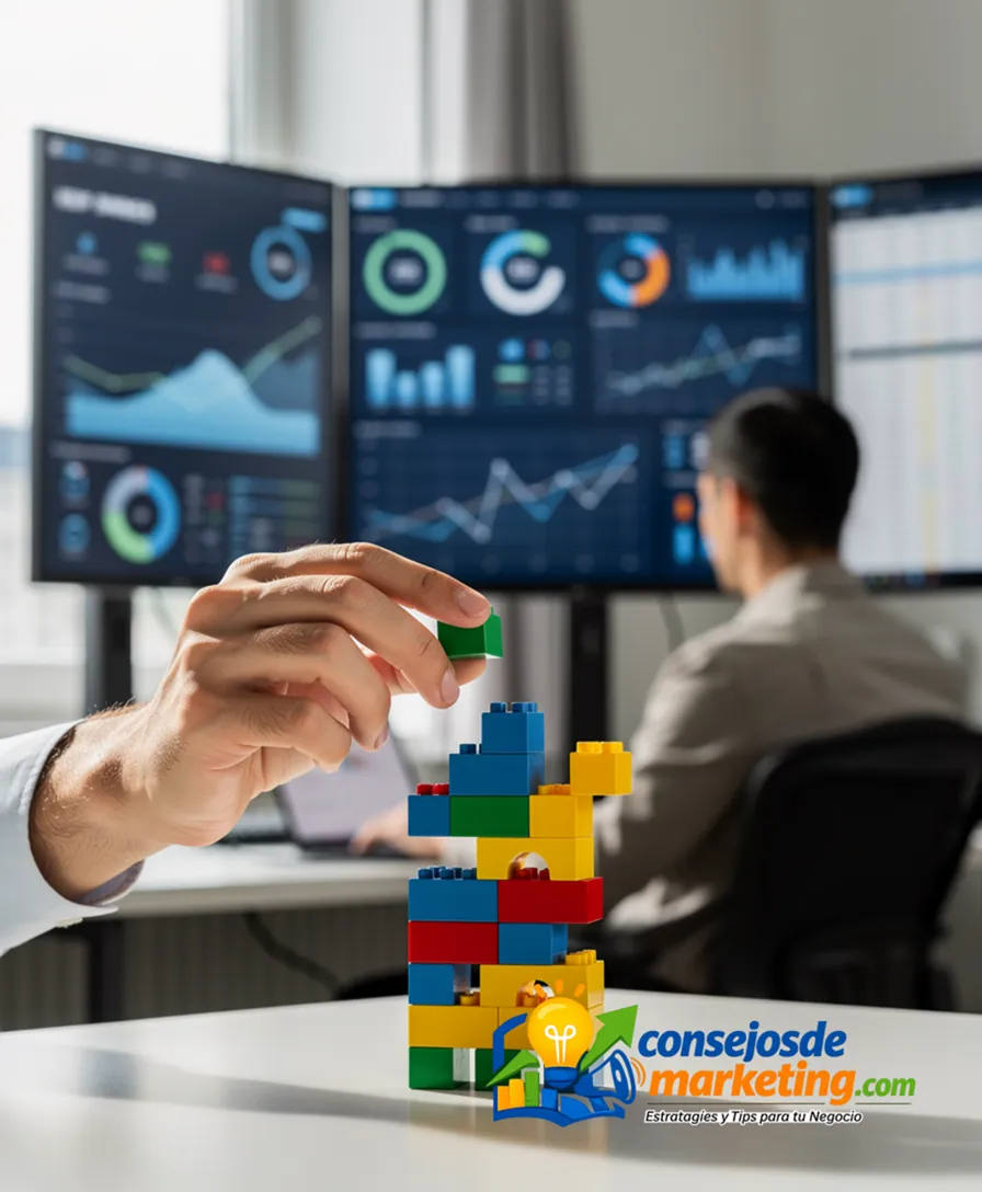 a hand placing small building blocks onto a growing, structured tower.