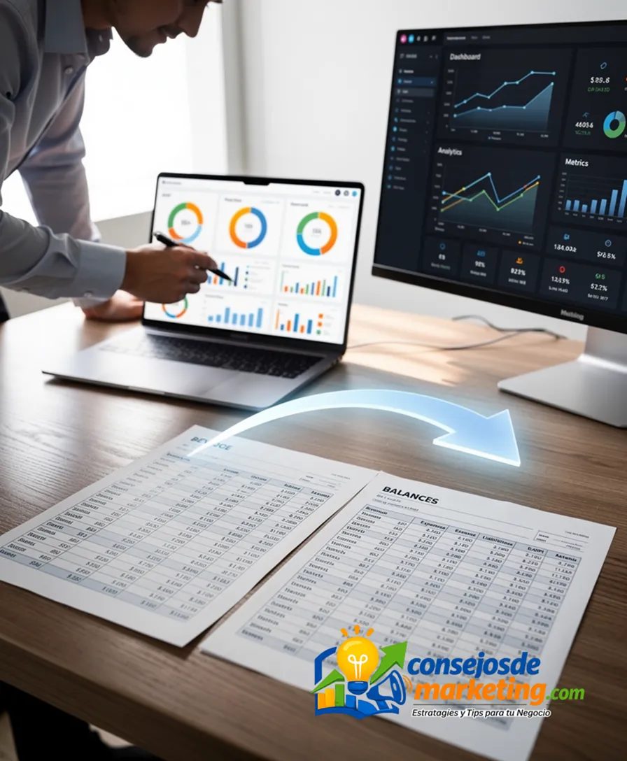 Two financial balance sheets placed side-by-side, connected by a glowing arrow.