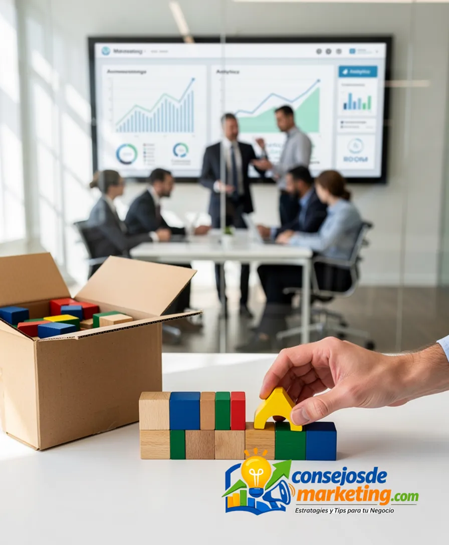 a hand placing a building block onto a sturdy foundation next to an open shipping box.