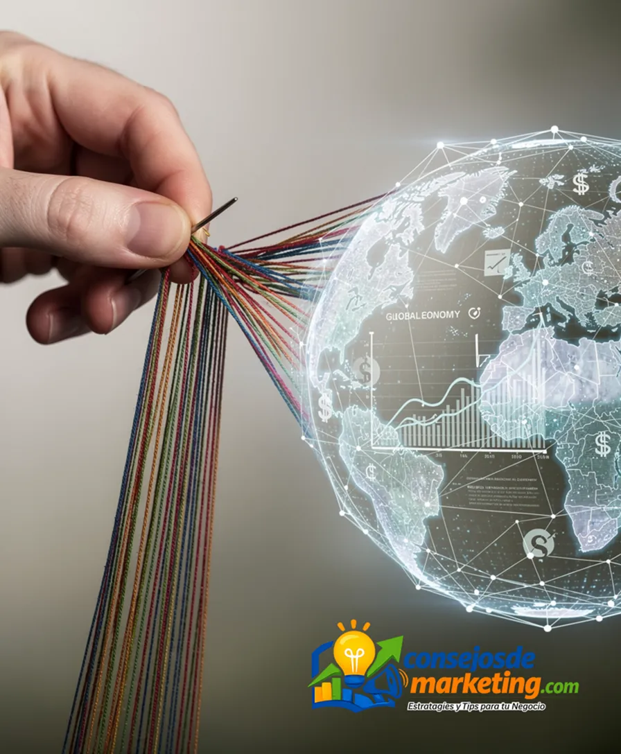 a hand weaving fabric transitioning into a glowing digital network globe.