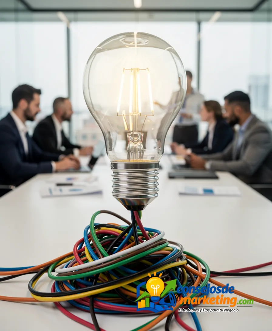 a tangled knot of wires transforming into a clear, shining light bulb.