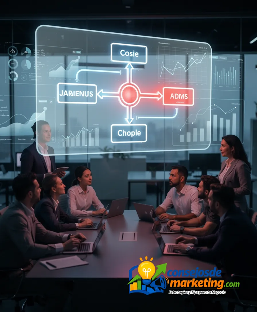 a glowing flowchart over a dark office, with one junction blocked and pulsing red.