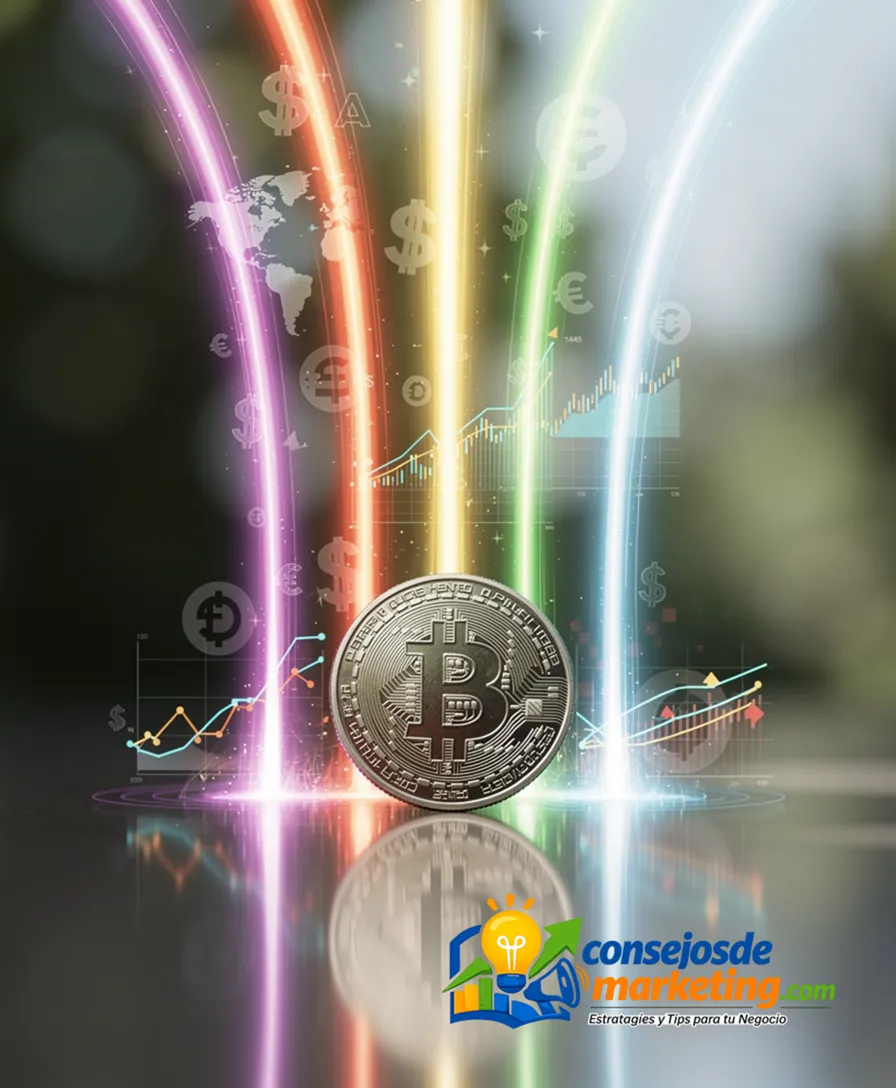 seven distinct streams of light flowing into a single coin.