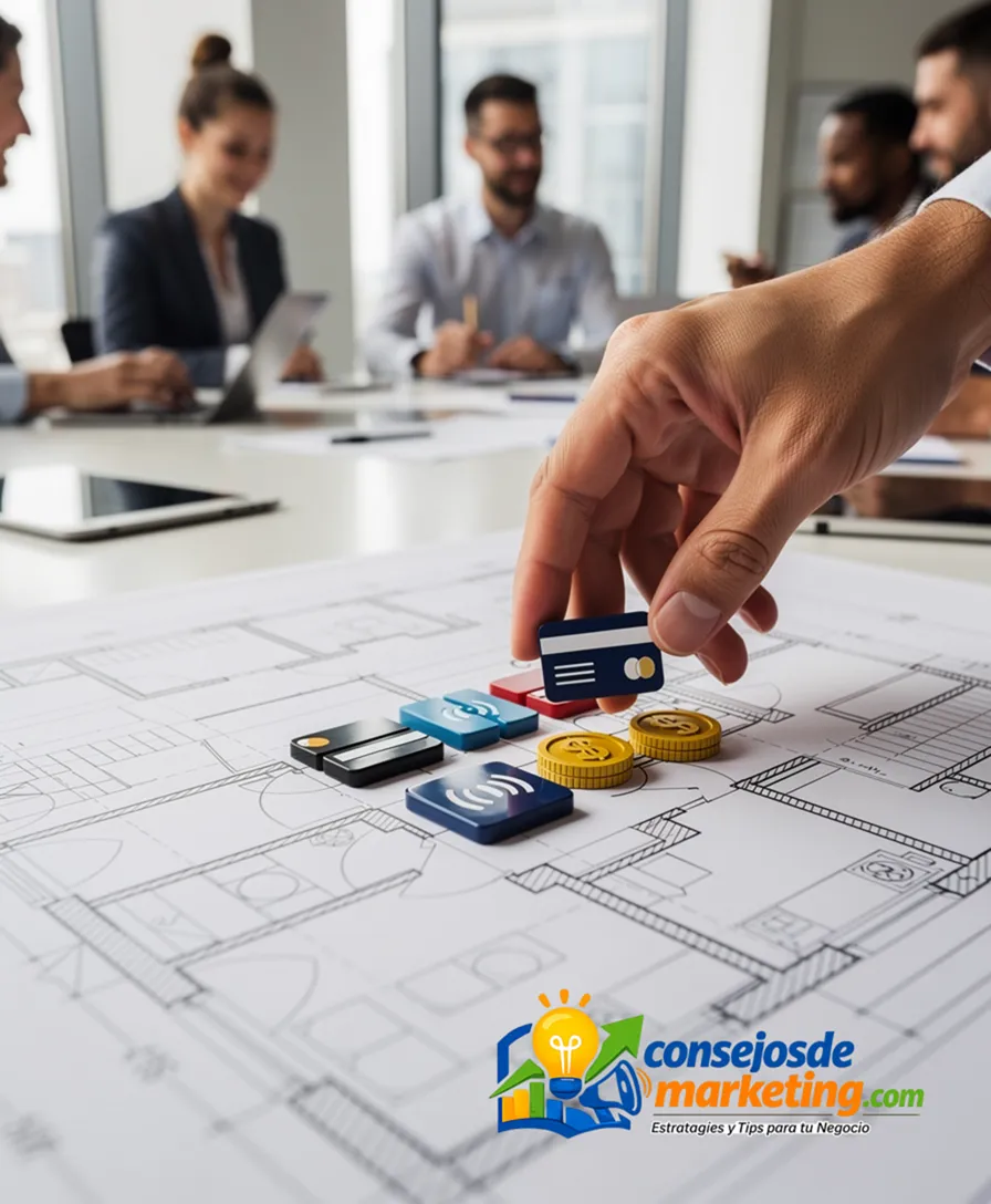 a hand placing different payment icons onto a foundation blueprint.
