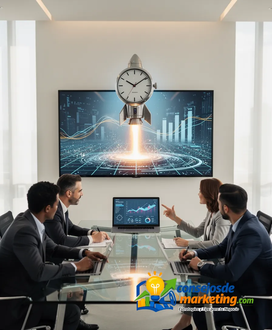 A clock face transforming into a rocket launching over a digital landscape.