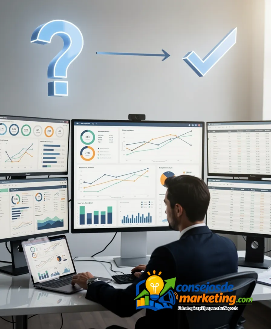 a flowchart transforming a question mark into a checkmark over data charts.