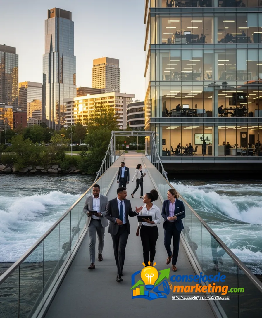 a secure bridge crossing a turbulent river towards a sunlit city.