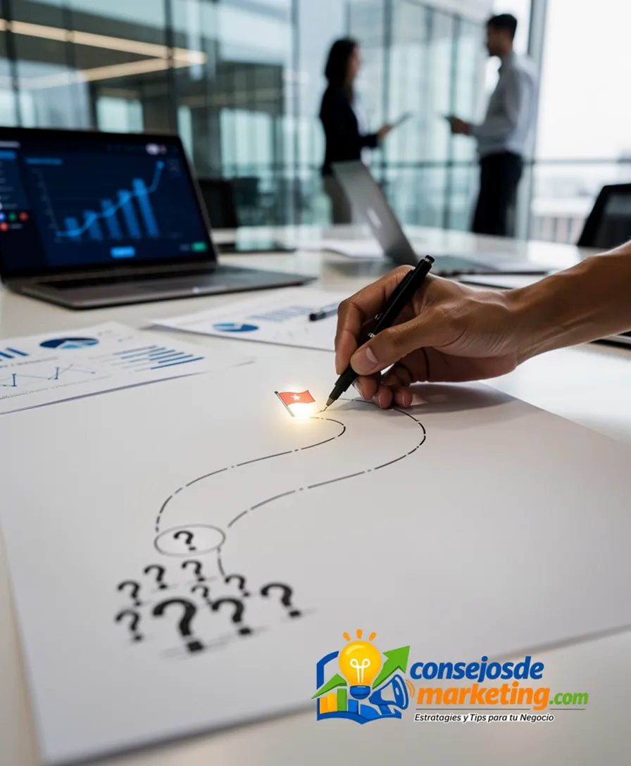 A hand drawing a simple map leading from question marks to a shining flag.