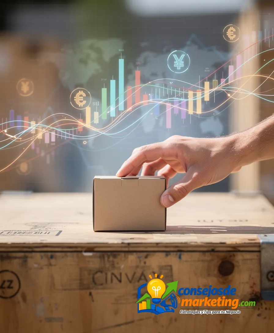 A hand placing a domestic product onto an international shipping crate.