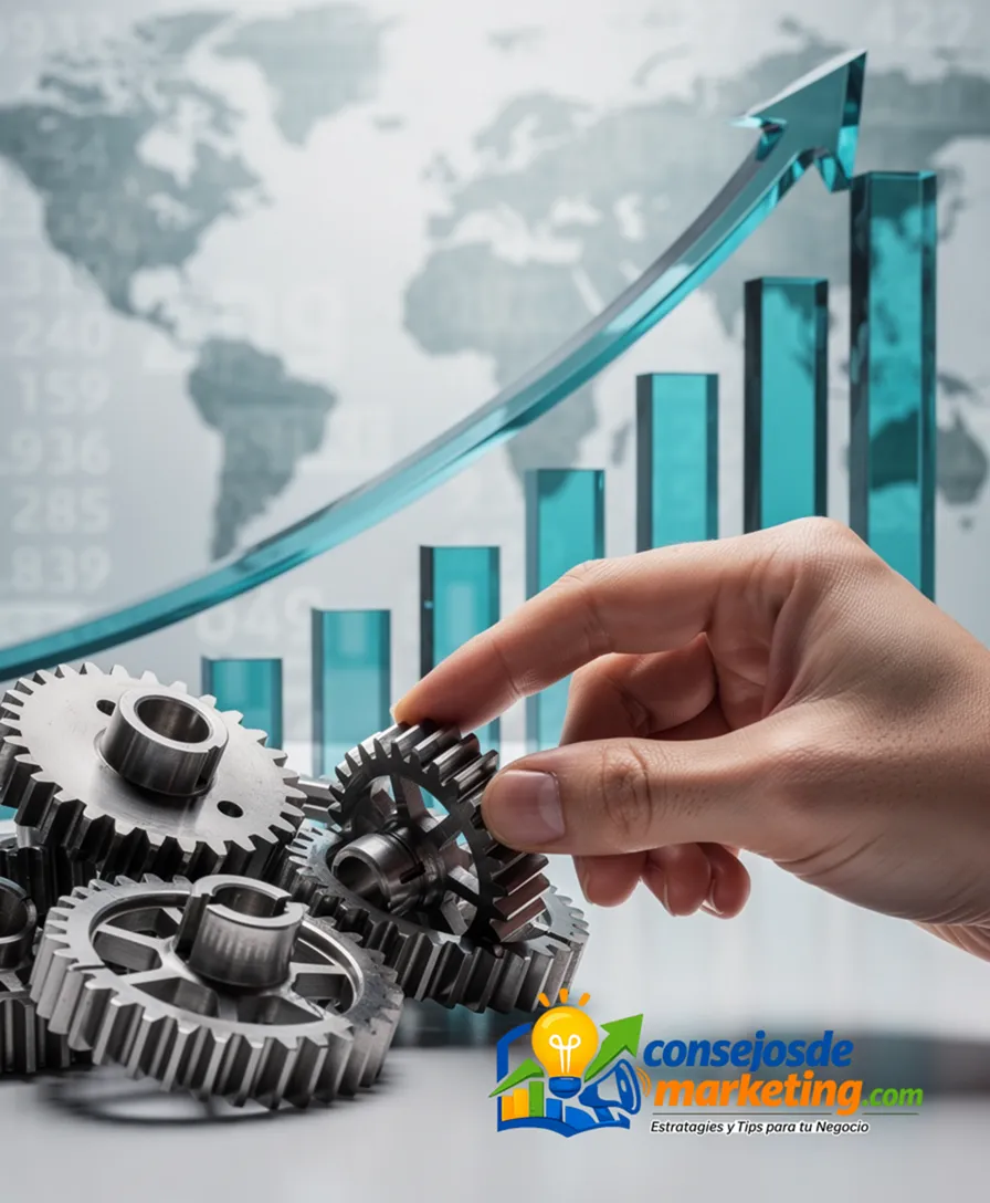 a hand adjusting interlocking gears beside a growing upward-trending graph.