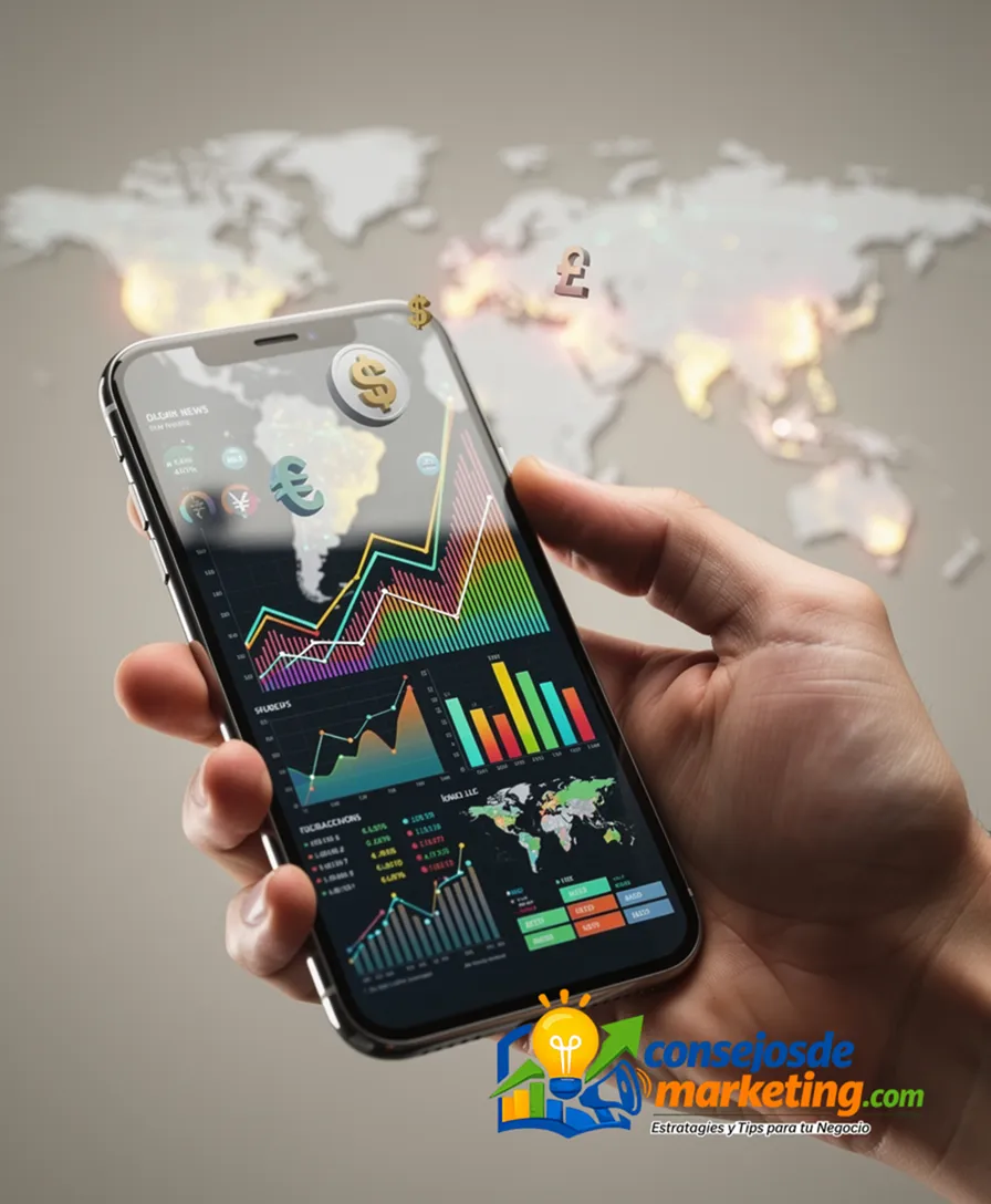 A hand holding a smartphone displaying global news feeds over a world map.