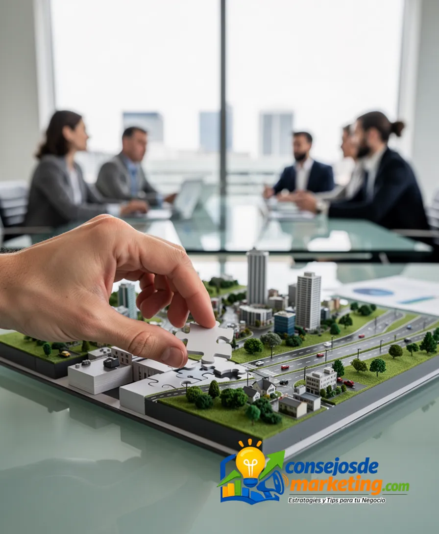 a hand placing a puzzle piece labeled 'digital' into a physical landscape model.