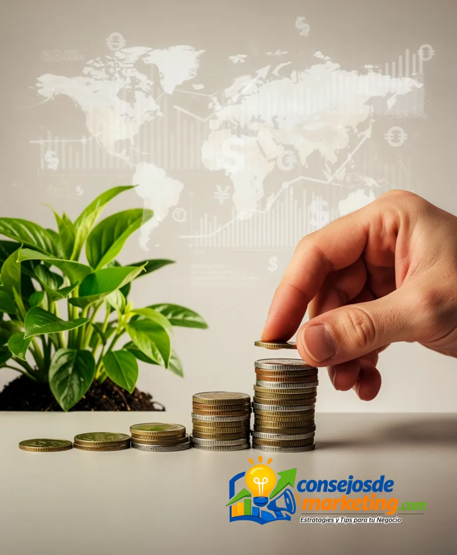 a hand stacking diminishing coins beside a growing, healthy potted plant.