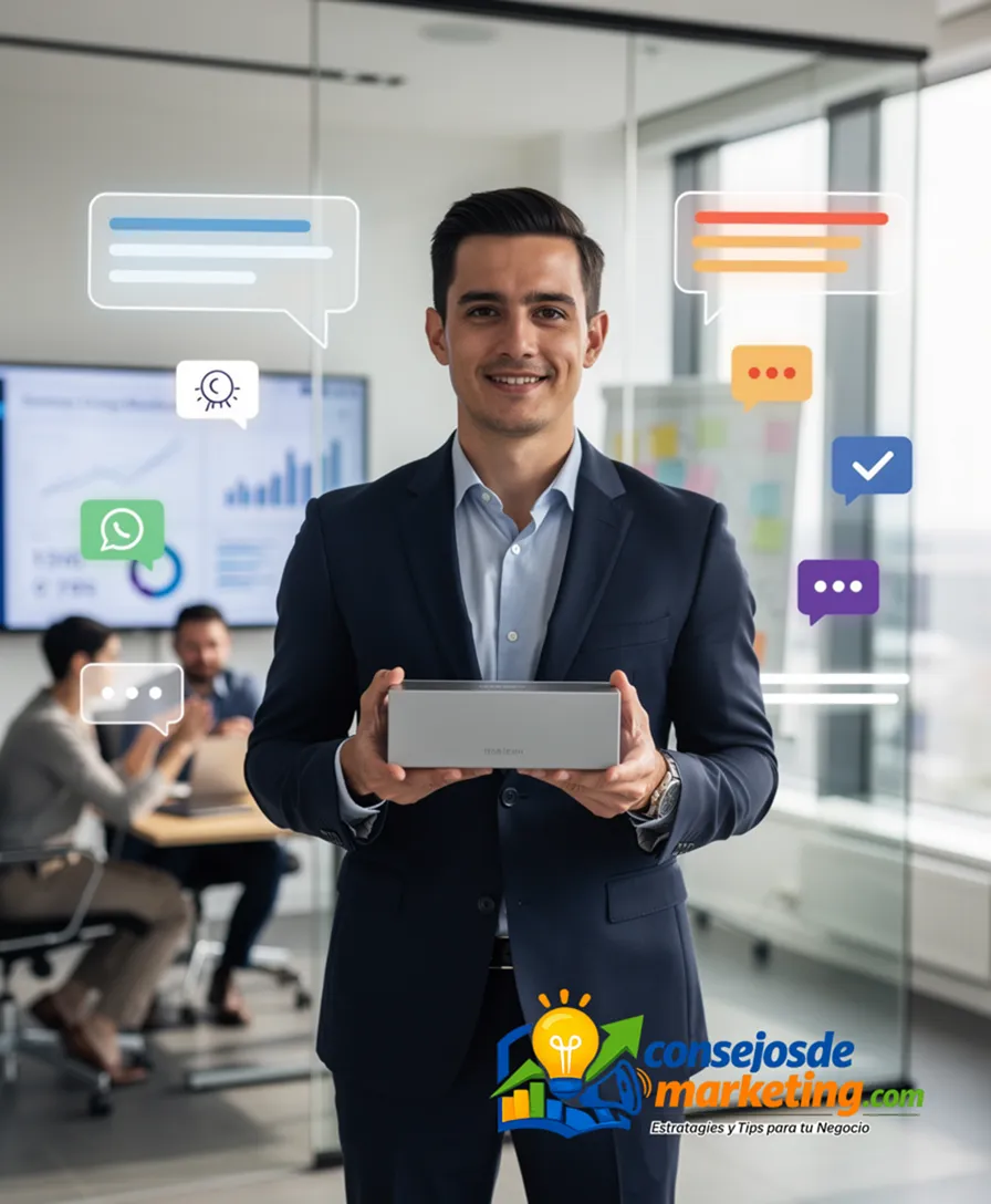 A presenter holding a product while lively comments float around them.