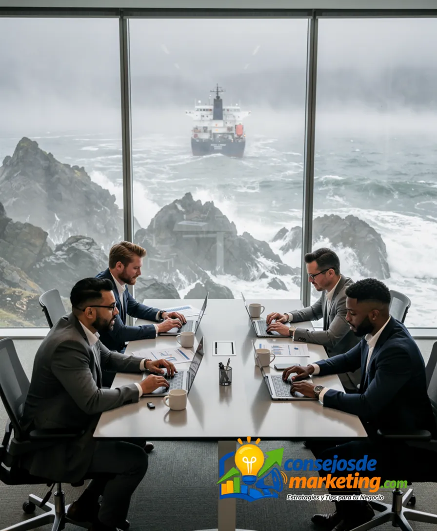 a ship steering away from jagged rocks in a foggy sea.