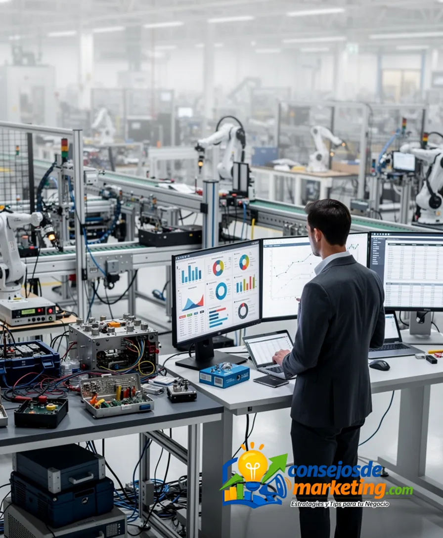 a factory floor transitioning from a cluttered lab bench to orderly, efficient production lines.