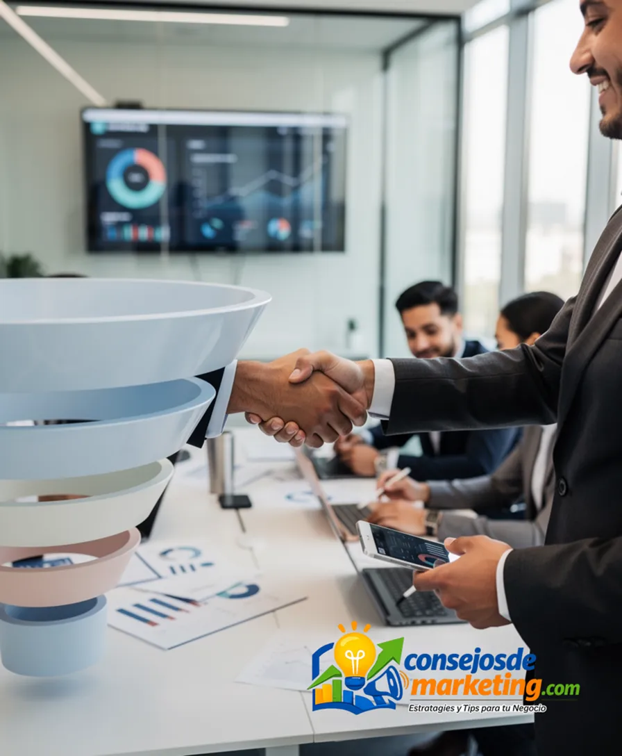 a marketing funnel transforming into a salesperson shaking a customer's hand.