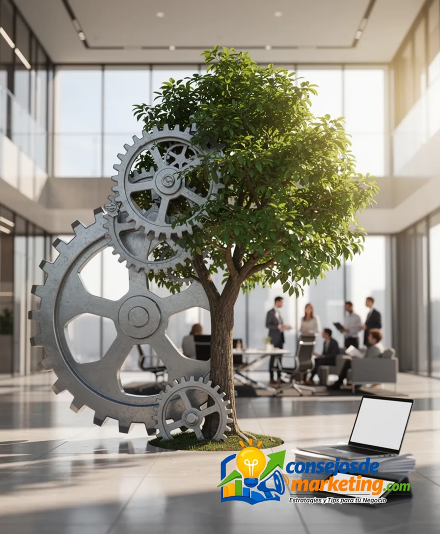 a gear transforming into a thriving tree inside a transparent building.