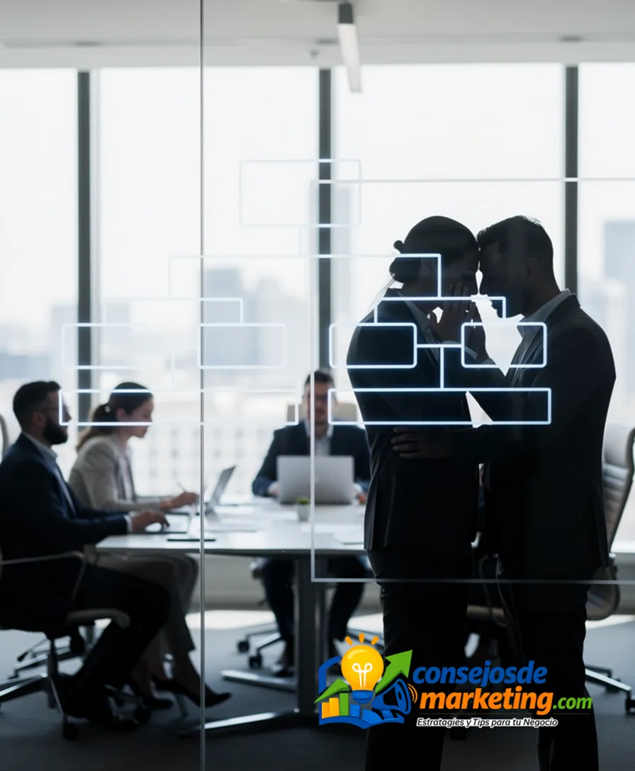 shadowy figures whispering beside a transparent organizational chart.