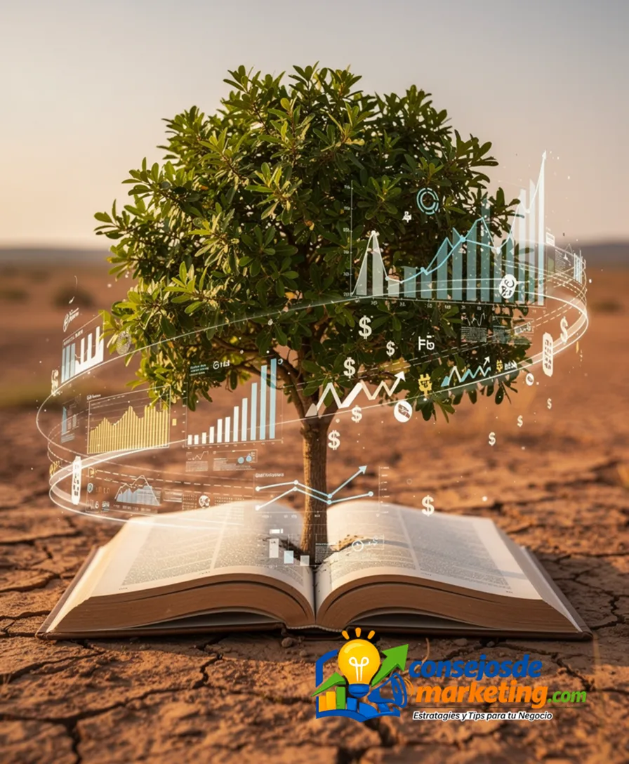 A strong tree growing from an open book on cracked earth.