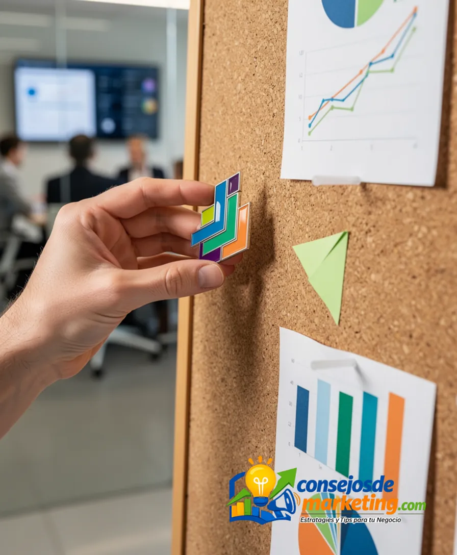 A hand placing a vibrant, multi-layered pin onto a corkboard covered in graphs.