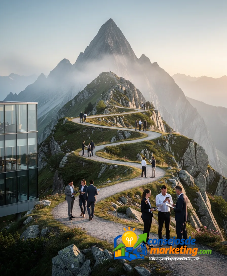 four distinct paths on a mountainside leading to one peak.