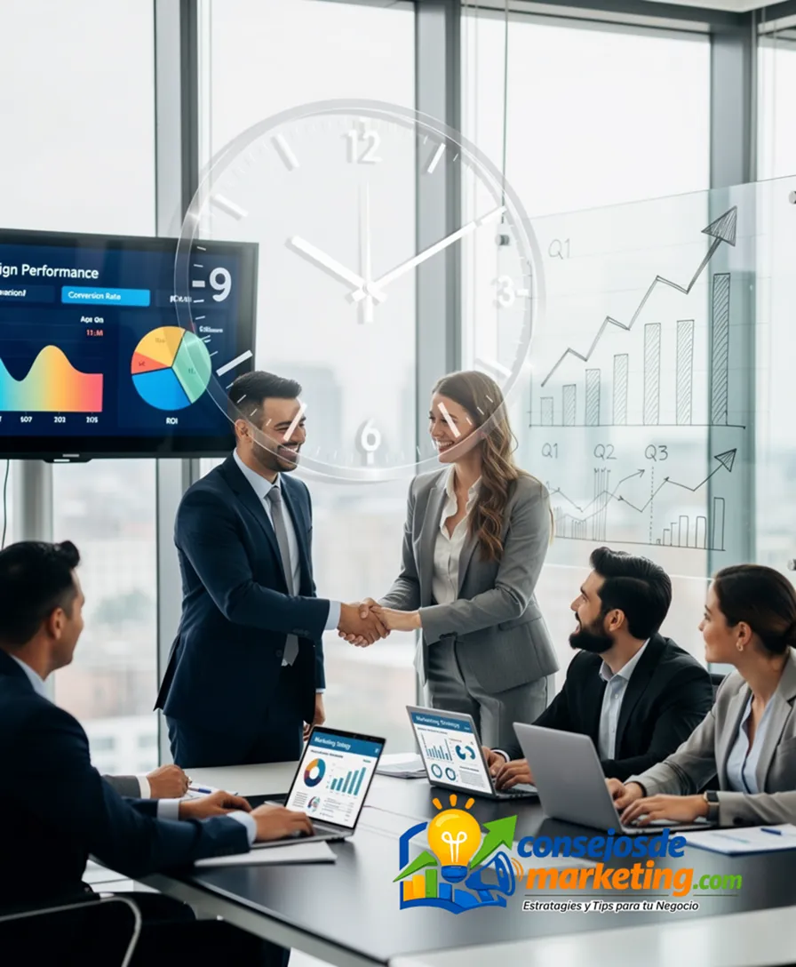 a clock superimposed over a smiling customer shaking a salesperson's hand.