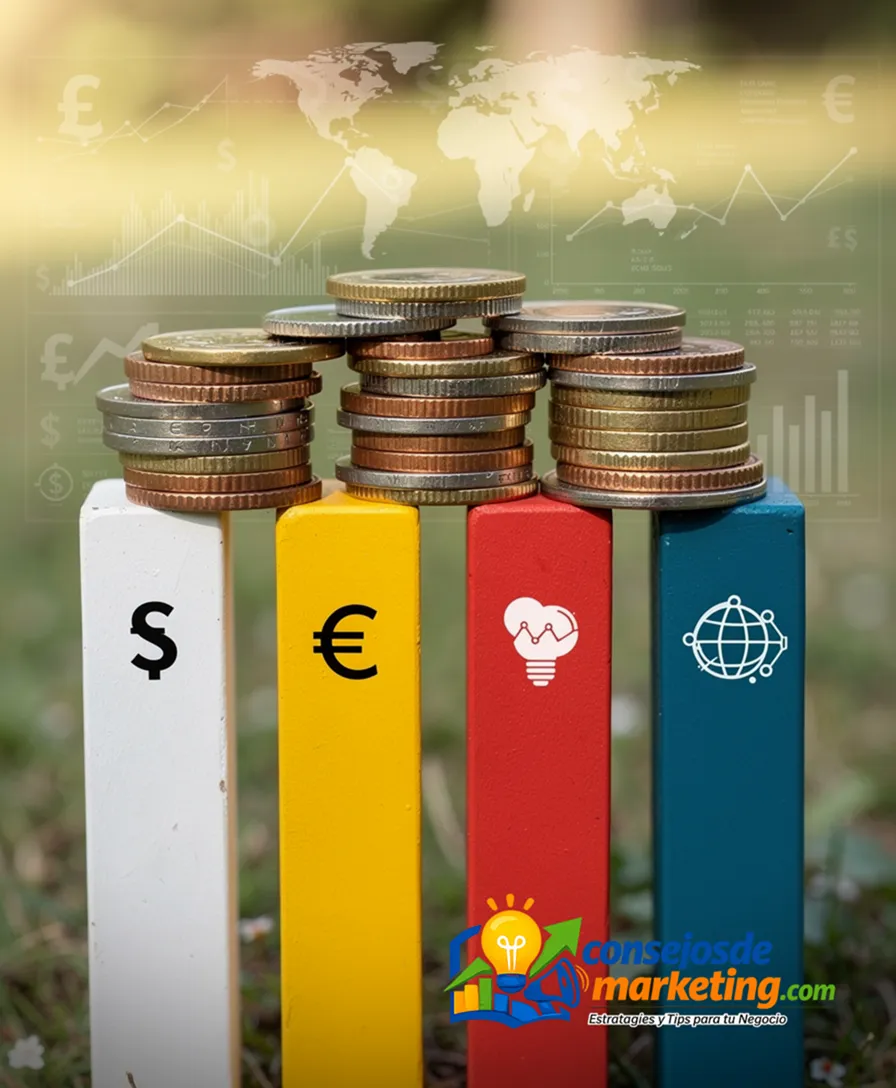 four labeled pillars supporting a balanced stack of coins.