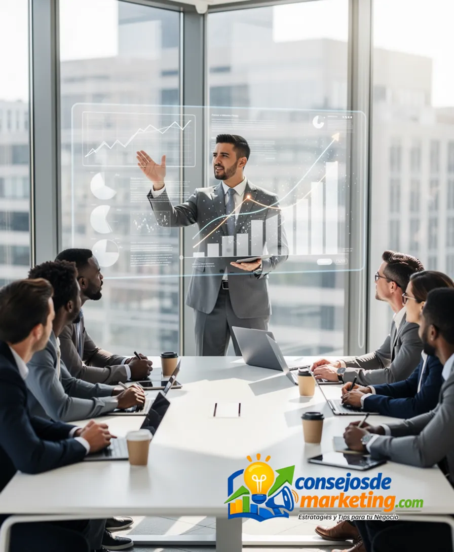 a person presenting transparent charts to attentive colleagues in a meeting room.