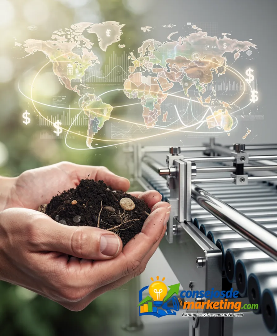 A hand holding soil transitioning into a factory assembly line.