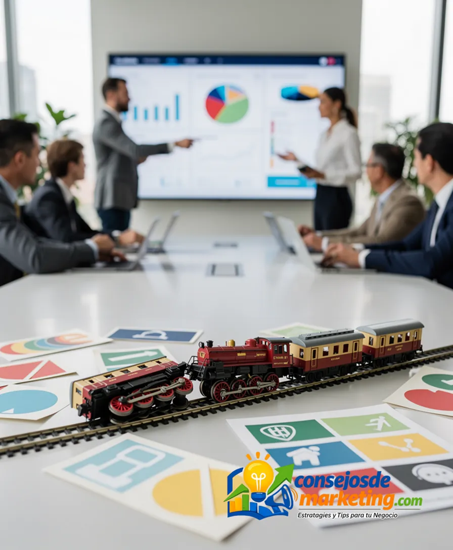 A derailed toy train surrounded by scattered, handmade advertising materials.
