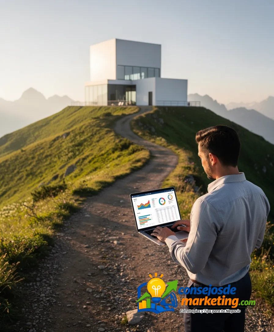 a winding path ascending a mountain towards a standardized, geometric structure.