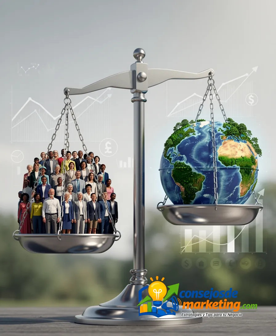 A scale balancing a crowd of people against a thriving green planet.