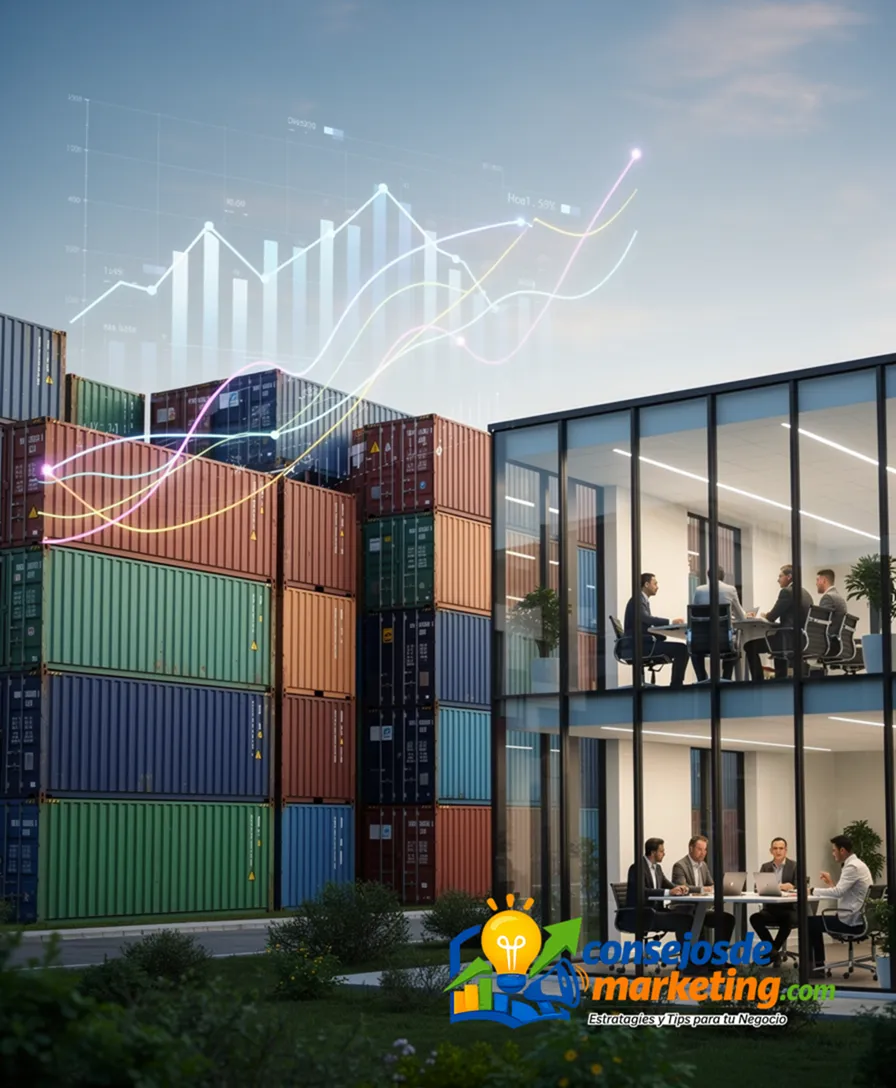 stacks of shipping containers beside a factory with glowing data graphs superimposed.