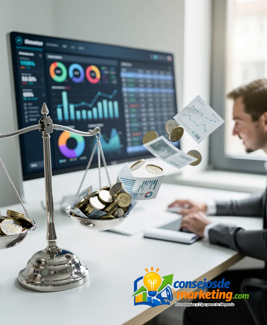 a scale tipping wildly as coins and chart fragments fall off.