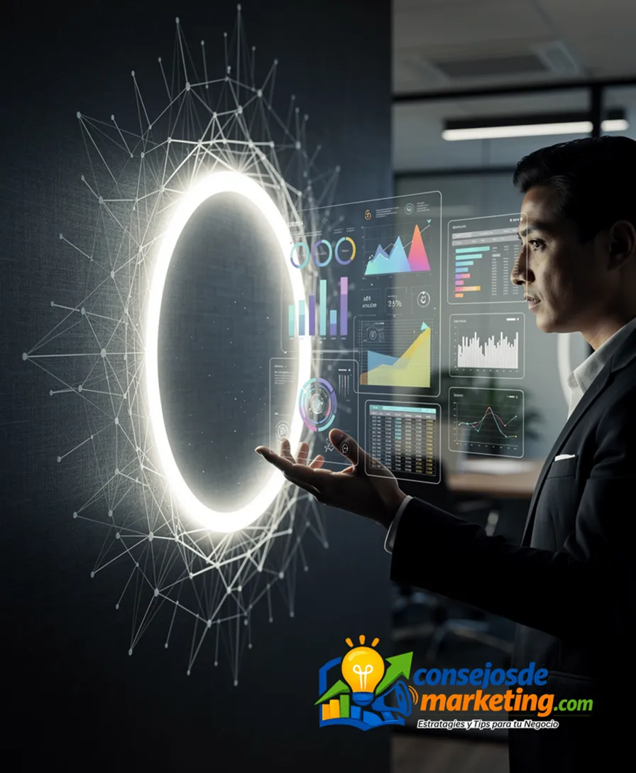 a glowing circle transforming into a digital network on a dark background.