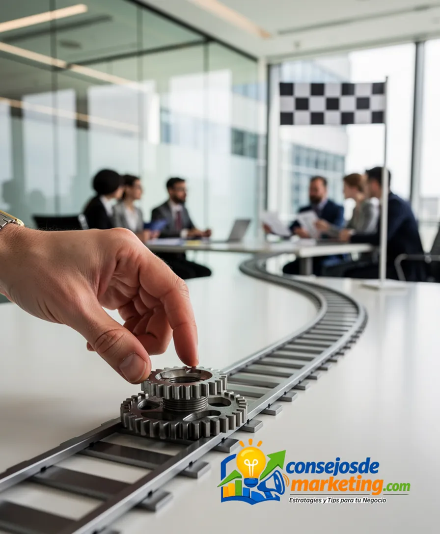a hand placing a gear onto a track leading to a finish line flag.
