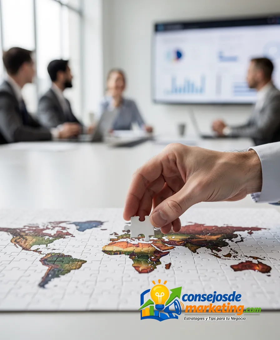 a hand placing a single puzzle piece into a large, nearly completed map.