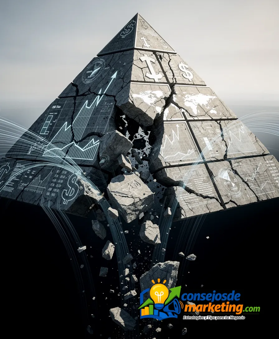 A cracked, ascending pyramid with missing pieces tumbling into a dark void.