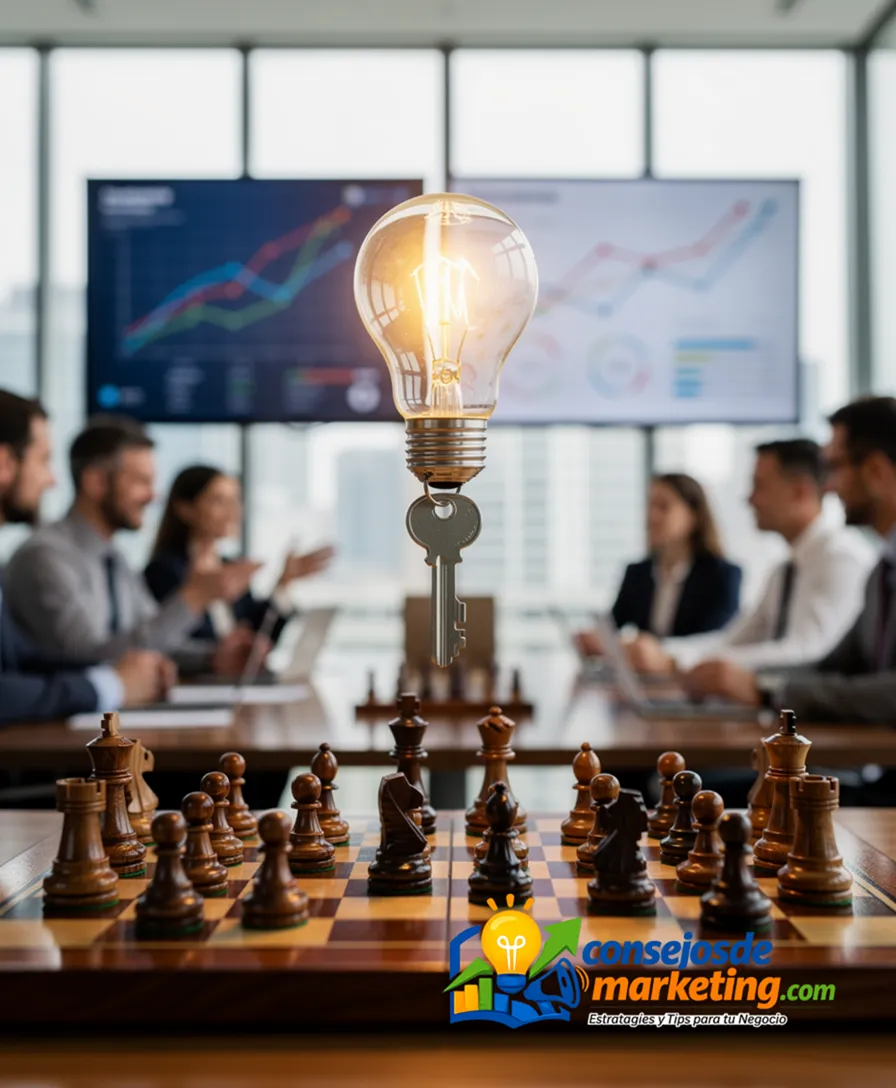 a glowing lightbulb transforming into a key above a chessboard market.