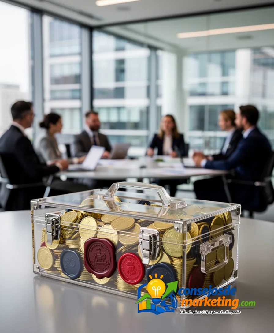 A transparent toolbox filled with gold coins and official document seals.