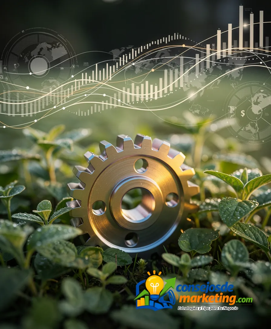 a glowing gear turning, surrounded by growing plants and abstract data streams.