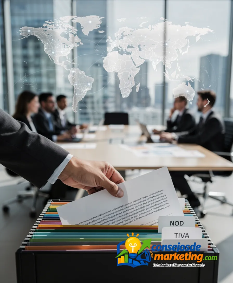 A hand placing a final document into a structured, global filing system.