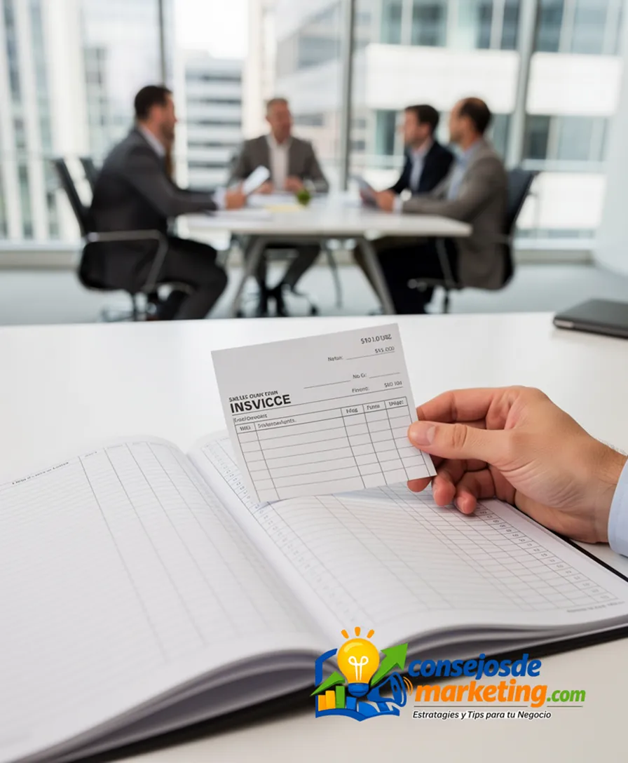 A hand placing a sales invoice into an organized financial ledger book.