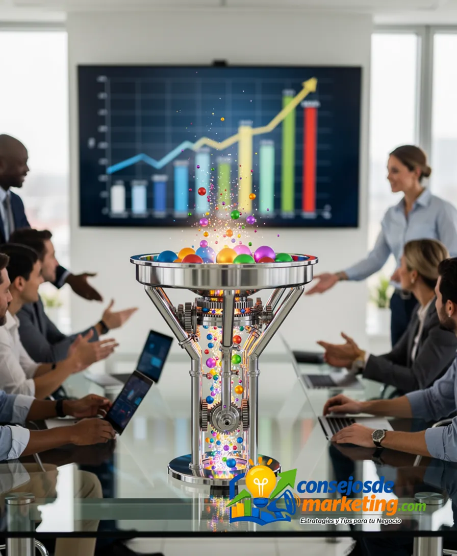 A mechanical funnel filtering colorful leads into a growing sales graph.