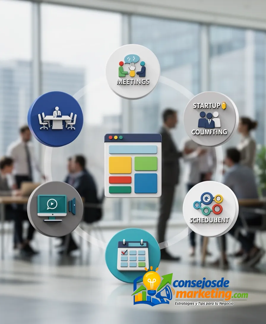 seven distinct meeting icons arranged around a central, efficient-looking organizer.