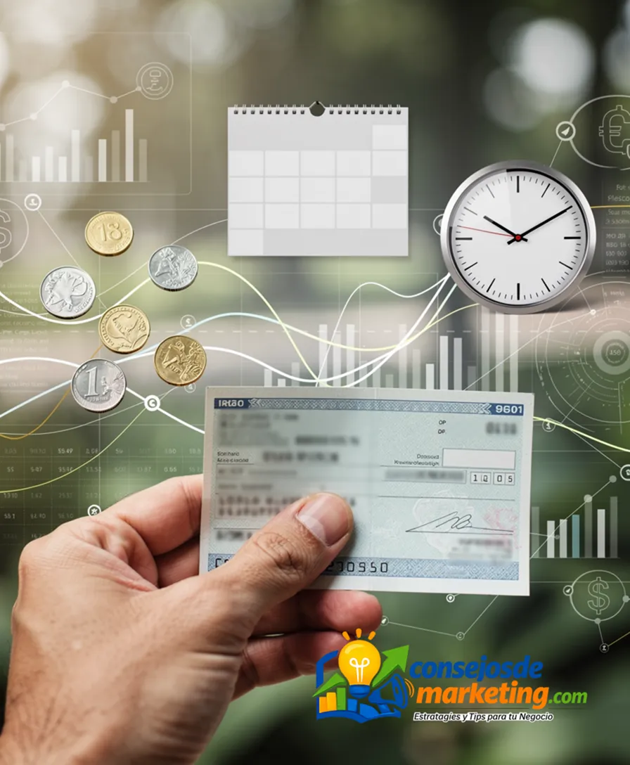 A hand holding a paycheck, with coins, a calendar, and a clock floating nearby.